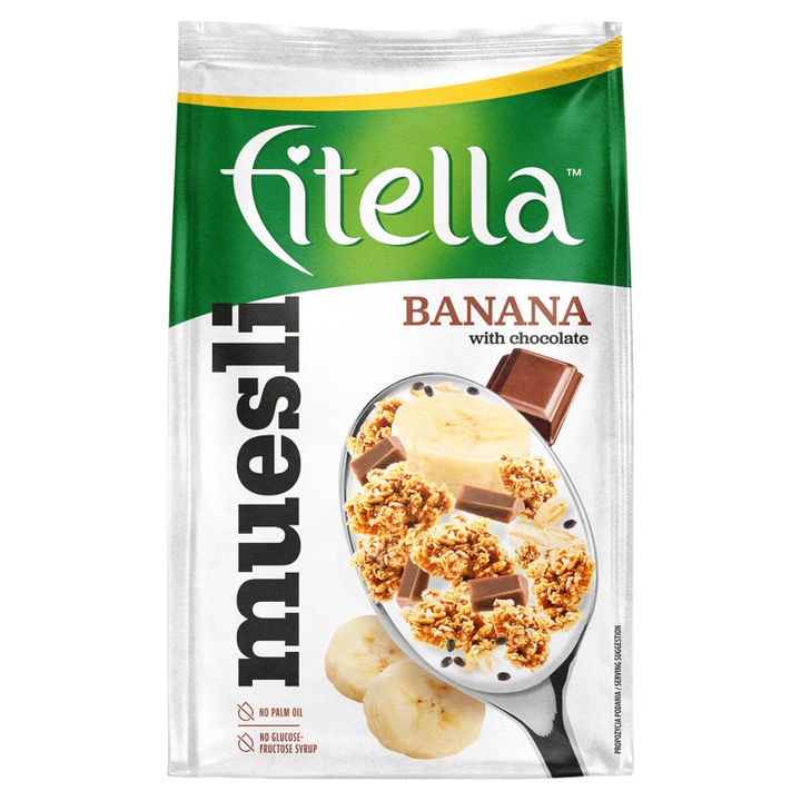 Muesli crocant cu banane Fitella, bucati de ciocolata si seminte de chia 300 g