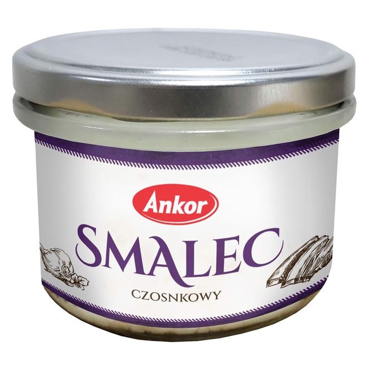 Untură de porc cu usturoi ANKOR 180 g, confitura sterilizată din grăsime, cu ceapă proaspătă și sare