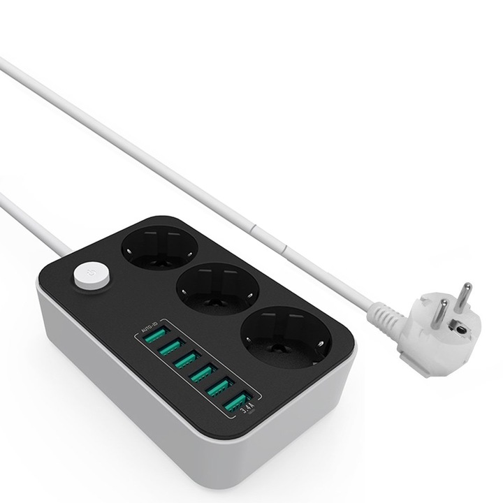 Удължителен кабел SOHO с 3 EU контакта, 6 USB, Защита от деца, 1.8 м, бял/черен
