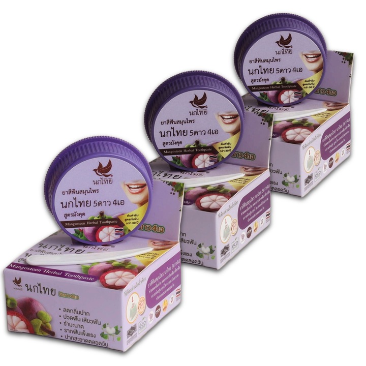 Тайландска натурална избелваща паста за зъби NOKTHAI с екстракт от мангостин, концентрирана, комплект 3 x 25 g