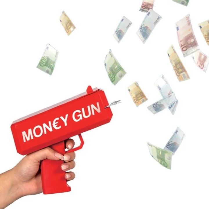 Пистолет за парти пари, с фалшиви банкноти, червен, 20.5x9x17см