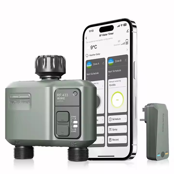Програматор за Поливане на Градина Zadabso®, WiFi Адаптер, Работи с WiFi и Bluetooth, 2 Изхода, 9 Програми за Поливане, Съвместим с Приложението Tuya, Отлагане при Дъжд, Работи с Батерии
