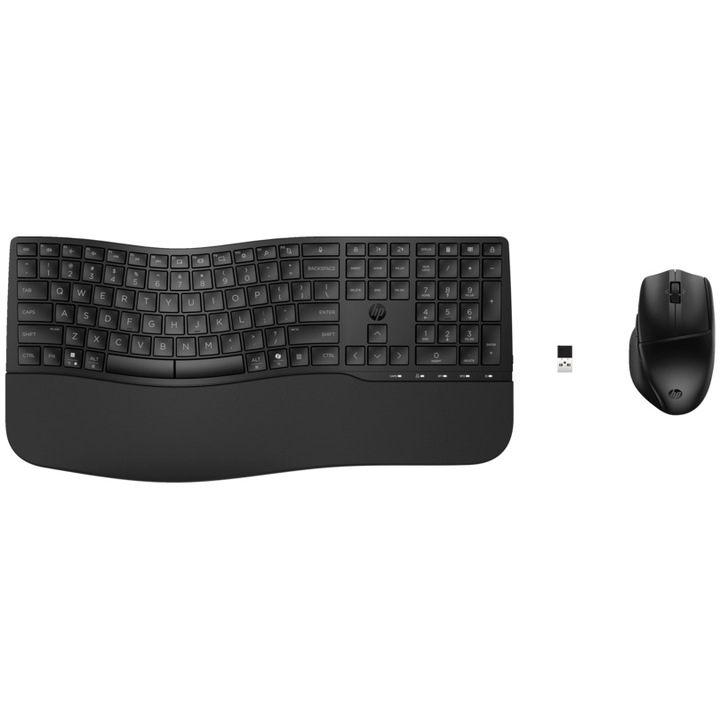Kit tastatura si mouse wireless HP 680 Comfort Dual-Mode, Bluetooth / HP Unifying Dongle, tastare silentioasa, taste programabile, 3 baterii AA incluse, 55% materiale reciclate post-consum, negru