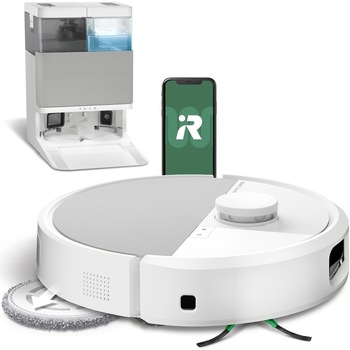 Robot de aspirare cu mop iRobot Roomba Plus 505 Combo + AutoWash dock N185240, navigatie avansata ClearView LiDAR, curatare in patru etape, putere de aspirare 7000 Pa, tehnologie Carpet Detect, aplicatie Roomba HOME, alb