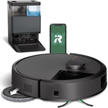 Robot de aspirare cu mop iRobot Roomba Plus 505 Combo + AutoWash dock N185040, navigatie avansata ClearView LiDAR, curatare in patru etape, tehnologia SmartScrub, tehnologie Carpet Detect, aplicatie Roomba HOME, negru