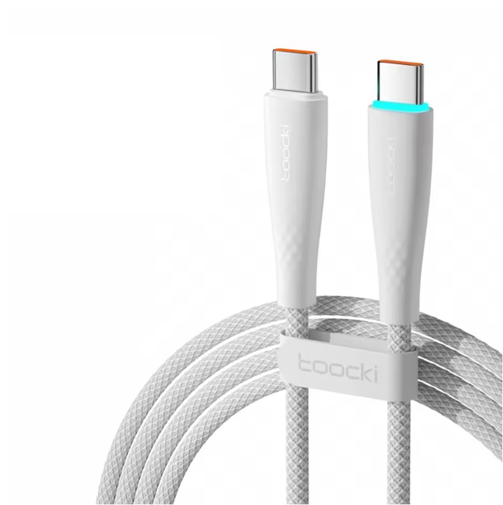 Cablu TOOCKI pentru incarcare rapida tip C, 5A, Transfer de date, USB C, 100W, Impletit, Alb