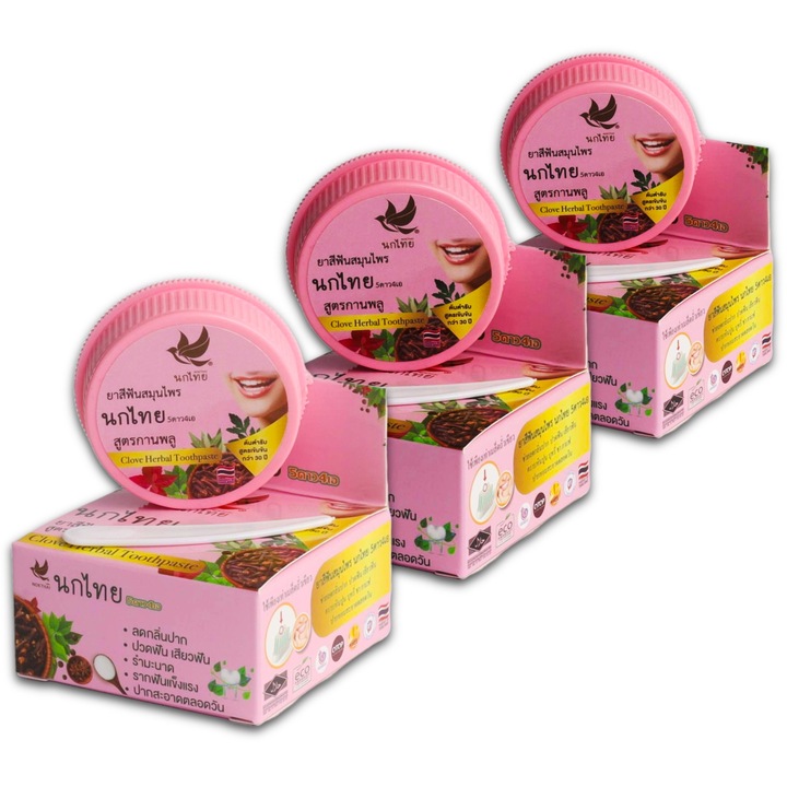 Тайландска натурална избелваща паста за зъби NOKTHAI с екстракт от карамфил, концентрирана, комплект 3 x 25 g