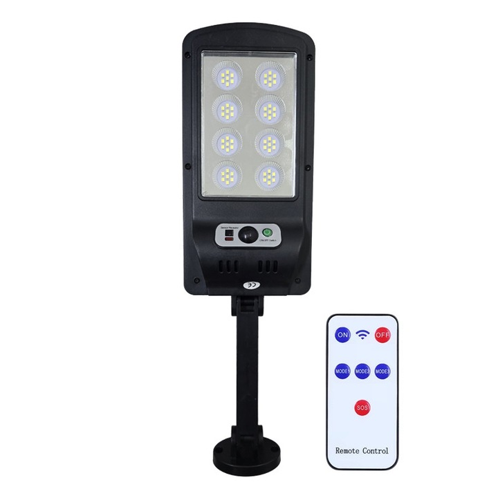 NEXTLY kültéri napelemes lámpa távirányítóval, állítható, 56 SMD LED, hideg fehér fény, 3 üzemmód, mozgás- és fényérzékelők, készenléti üzemmód, folyamatos világítás, vízálló, 120°-os világítási szög, ABS, W755-8, fekete