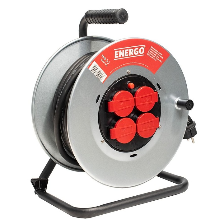 Derulator prelungitor Energo DM40 cu 4 prize Schuko, cablu H07RN-F 40m, grad IP44, gri