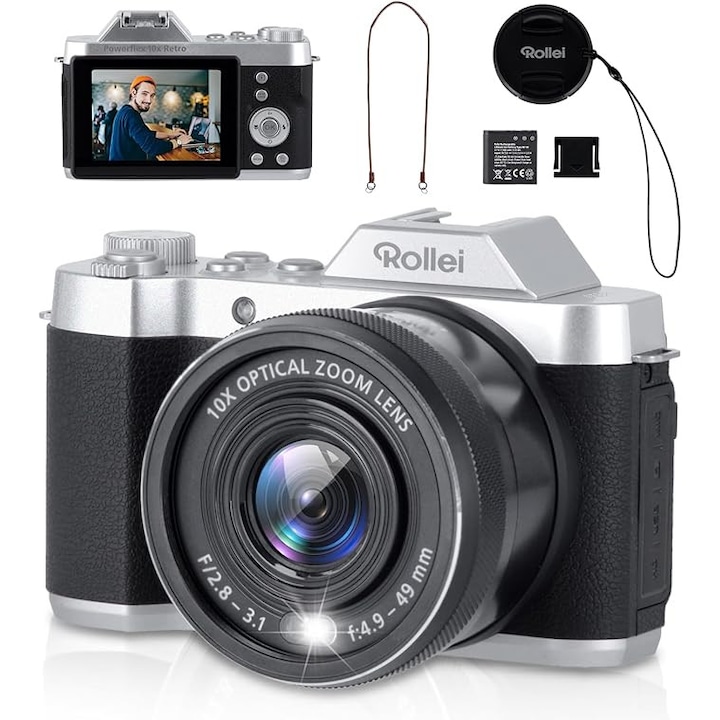 Rollei Powerflex 10x Retro Digitális Kamera, 64MP 4K Akkumulátoros Kamera 10x Optikai Zoommal, Kamera 8 Fotó Móddal, 2,88 Hüvelykes IPS Kijelzővel, Kompakt Hordozható Kamera, Vintage Digitális Kamera