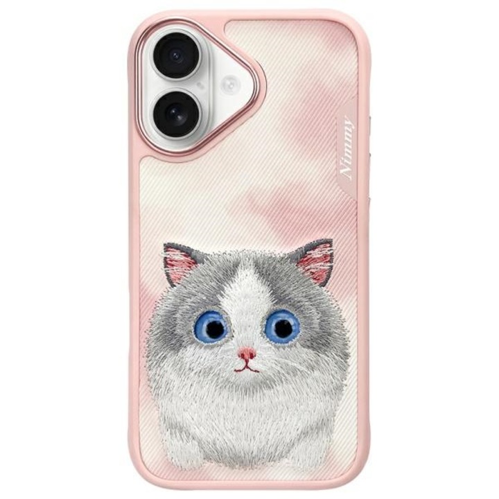 Калъф за телефон Nimmy, дизайн Big Eyed Pet 2.0 Cat, за iPhone 16 6.1", розов/сив
