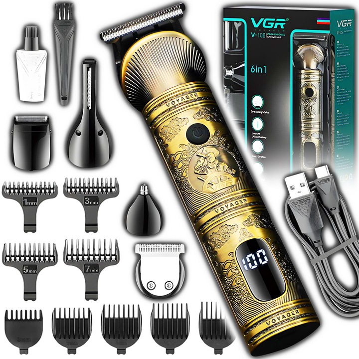 Aparat de Ras Electric Trimmer RENEW FORCE® 6 in 1, Profesional Inox/Otel carbon, 14 capace, timp de munca 2h, acumulator incorporat, afisaj LCD, Incarcare USB, accessories barba lunga, Auriu HW-M6