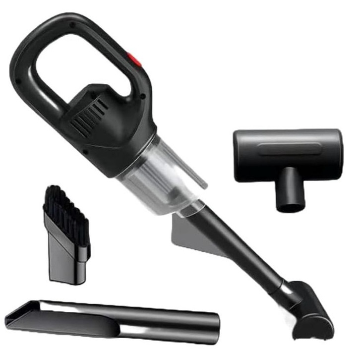 Aspirator Auto 2 in 1 Portabil, 7500 Pa, 120W, Acumulator 2000mAh, Autonomie 30min, Aspirare, Suflare, Vidare, Umflare, Lumina LED, 3 Accesorii, Aspirator pentru Masina si Casa, Incarcare USB, Negru