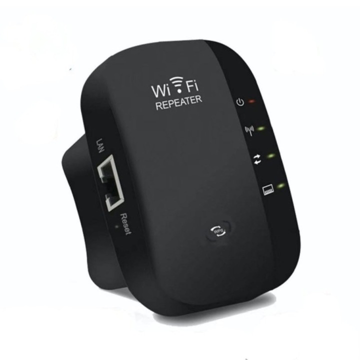 Extensor Wi-Fi, 2.4G, 300Mbps,2 Antena incorporata, suporta 2 moduri, plug and play, usor de configurat si utilizat, compatibilitate larga, Mod High Speed, Mod Access Point, buton WPS, negru