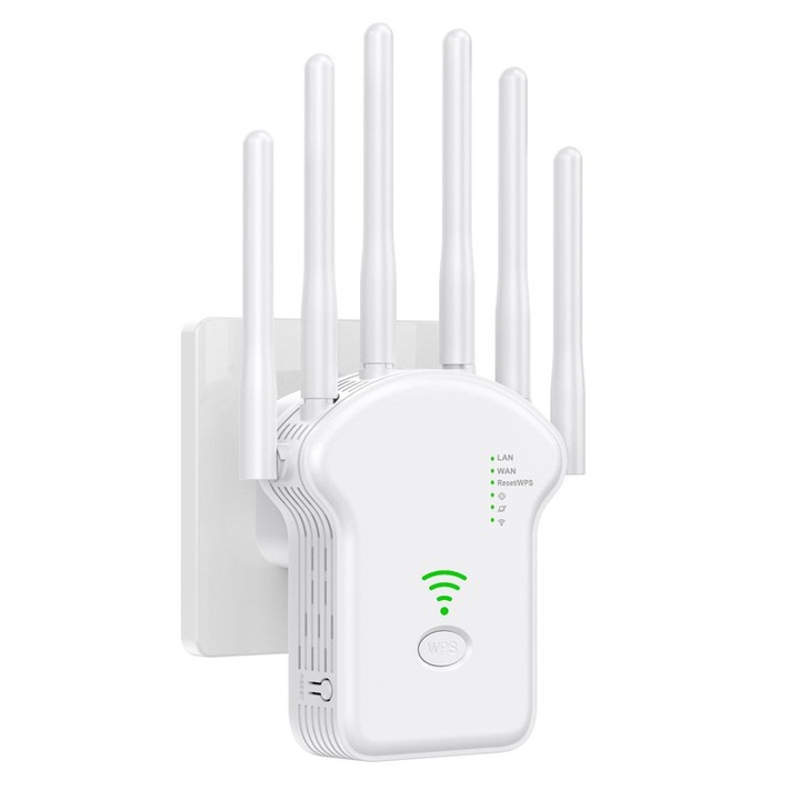 Amplificator Semnal Wireless, Range Extender Retea WiFi, 6 Antene, Retea 2.4 & 5GHz Dual Band, 2 Antena incorporata, 1200Mbps, 1x Port LAN, Smart Roaming, Mod High Speed, Mod Access Point, Alb