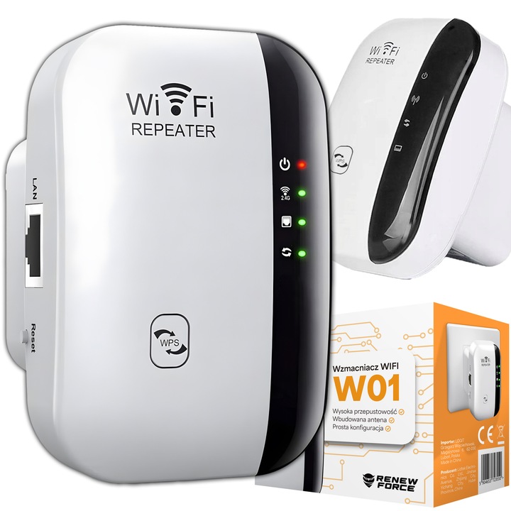 Безжичен-N мрежов усилвател на сигнала Renew Force, WiFi ретранслатор 300Mbps, 2.4GHz, WPS, LAN RJ-45, WPA2 WPA WEP, Интернет разширител, Безжичен рутер, Черен/Бял