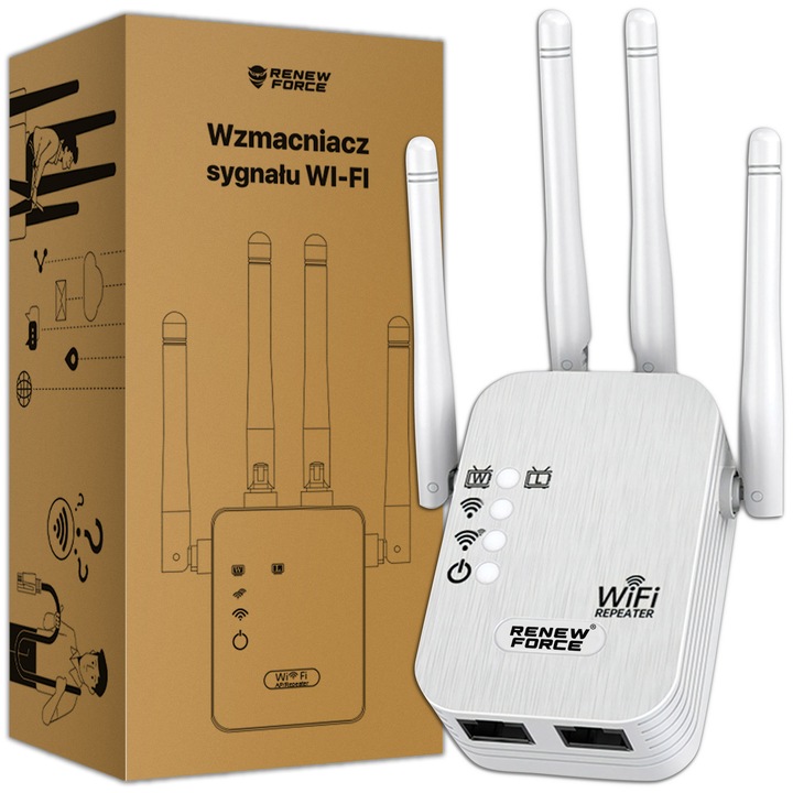 RENEW FORCE Vezeték Nélküli Jelerősítő, 300Mb/s 2.4G, 4 antenna, 1 x WAN, 1 x LAN, WPA/WPA2, WPA-PSK/WPA2-PSK, WiFi hatótávnövelő, router, hozzáférési pont, híd, LED, erős jel, stabil jel, biztonságos hálózat, Fehér Z01A