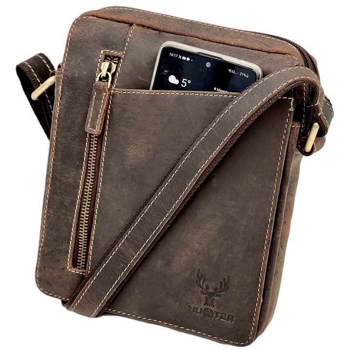 Borseta de Umar din Piele de Vanat Handmade, HUNTER Urban Luxury Collection, 17,5x20x6cm, Culoare Maro Inchis