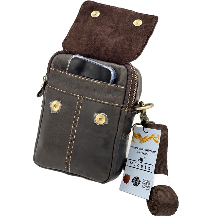 Borseta Barbati Compacta din Piele Naturala cu Prindere la curea, Curele Reglabile Detasabile, 13x18 x 7 cm