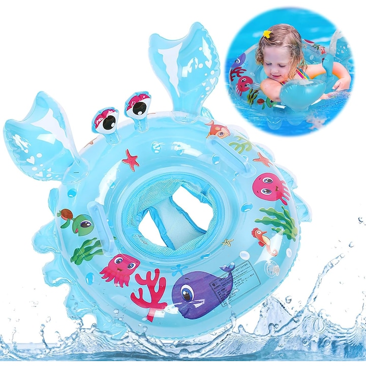 Плувен пояс за бебета и деца, Giftry®, с опора за седалка и предпазни дръжки, модел раче, син, 6–48 месеца