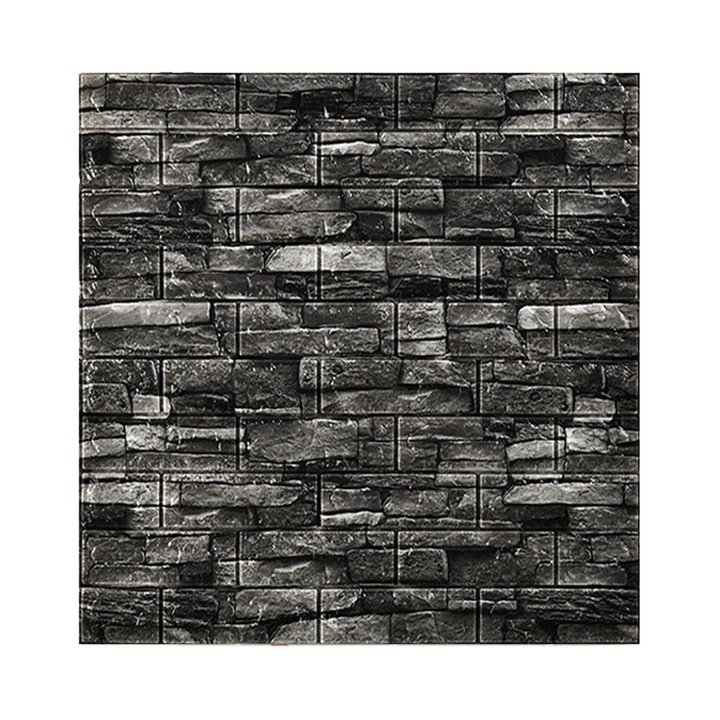 Set 10 Placi Tapet 3D, 70 x 77 cm, Grosime 3 mm, din Polietilena, Model Caramida, Suprafata acoperita 5.3 mp, Gri Inchis