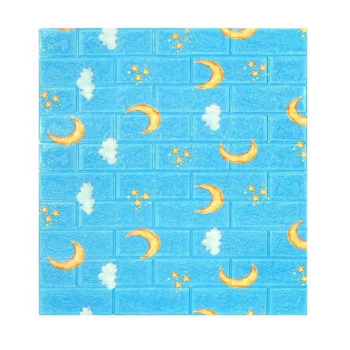 Set 10 Placi Tapet 3D, 70 x 77 cm, Grosime 3 mm, din Polietilena, Tip Caramida, Model Luna, Suprafata acoperita 5.3 mp, Albastru