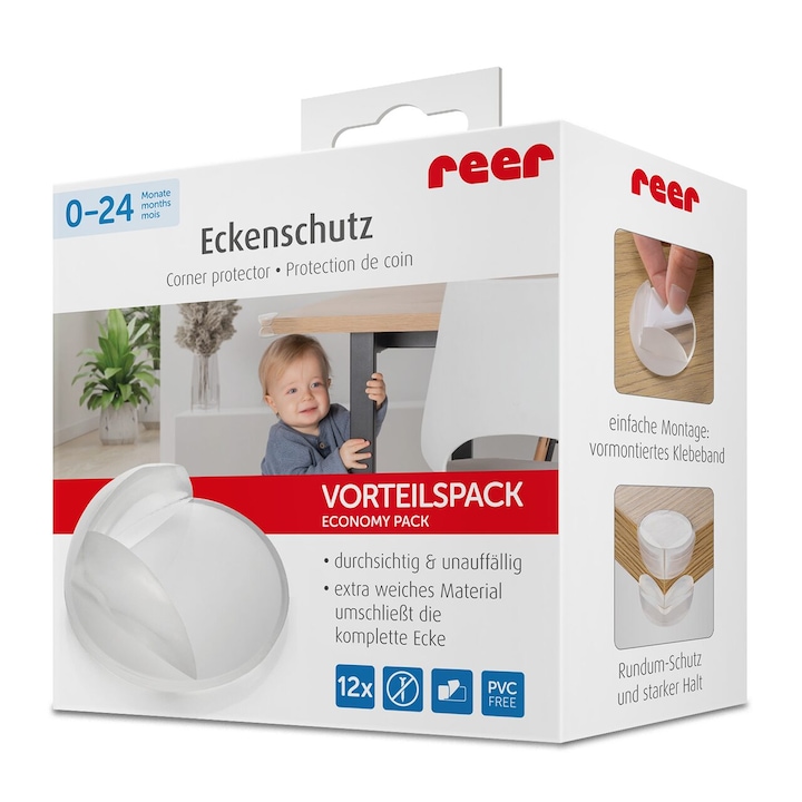 Pachet economic 12 protectii universale pentru colturi, din plastic transparent, cu banda adeziva, rezistente la muscaturi, fara PVC, Reer 82069