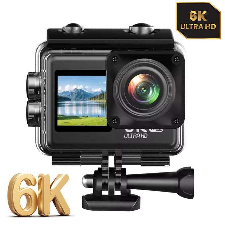 Camera de actiune Sport Watterproof AMYMAT imbunatatita cu ecran tactil, ecrane duble 6K30FPS 50MP, camera subacvatica impermeabila cu telecomanda EIS WiFi 5X Zoom, include card de 64 GB