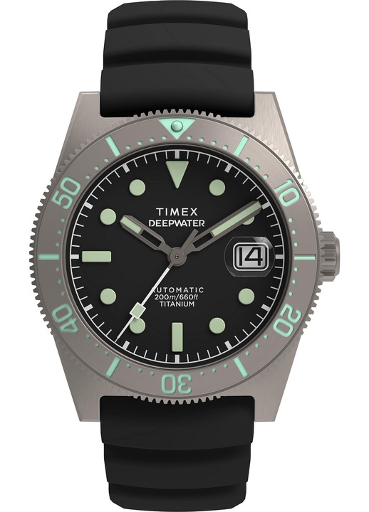 Ceas barbatesc Timex Deepwater Reef 200 Automat, Titan, Negru, Curea Cauciuc, Rezistent la Apa 20 ATM