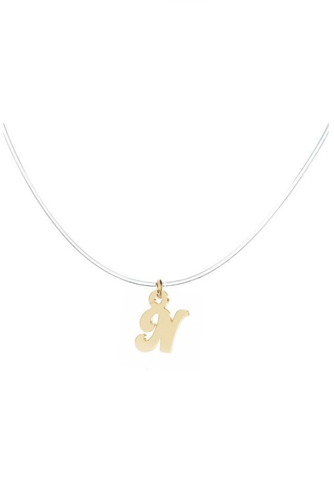 Colier la baza gatului cu fir transparent de silicon si pandantiv litera N din Argint 925 placat cu Aur 24k, 40 cm