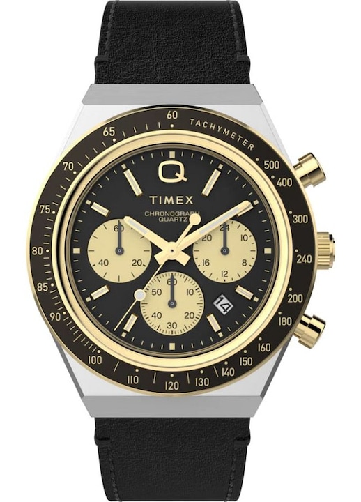 Ceas Timex Q Timex, cronograf, inox argintiu-auriu, curea piele neagra, rezistent la apa 50m