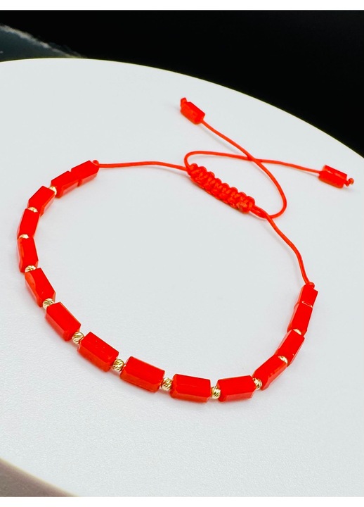 Bratara cu 12 de bile de Aur 14k, cristale semipretioase rosii, snur reglabil, dama, 15-25cm