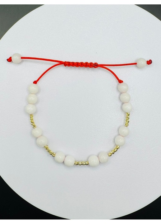 Bratara cu 20 de bile de Aur 14k, cristale semipretioase Agata alba, snur reglabil, dama, 15-25cm