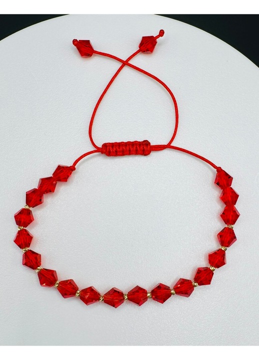 Bratara cu 14 de bile de Aur 14k, cristale semipretioase rosii, snur reglabil, dama, 15-25cm
