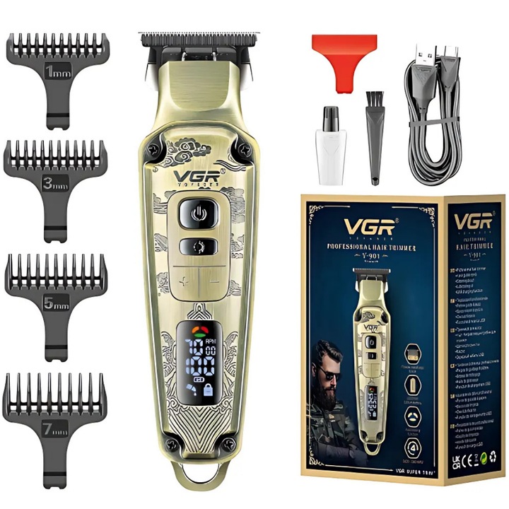 Aparat de tuns VGR V901, profesional, cu 4 capete distantiere, functie de auto-testare, lame din ceramica, acumulator 1600 mAh lithium ion, incarcare USB, 5500-7000 RPM, display LED