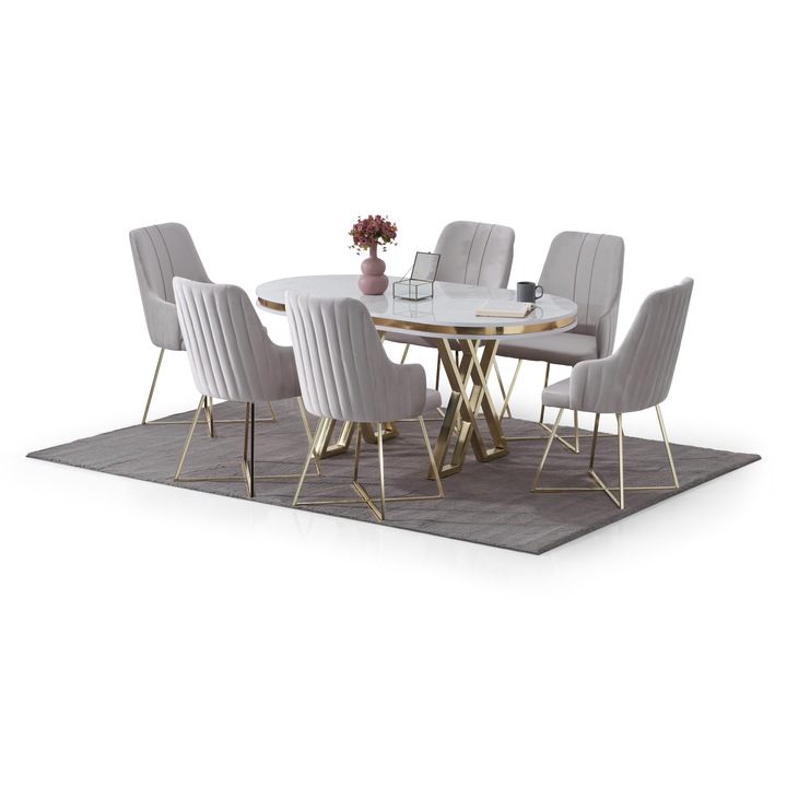 Set masa Modela Trend ovala alba auriu cu 6 scaune Crem