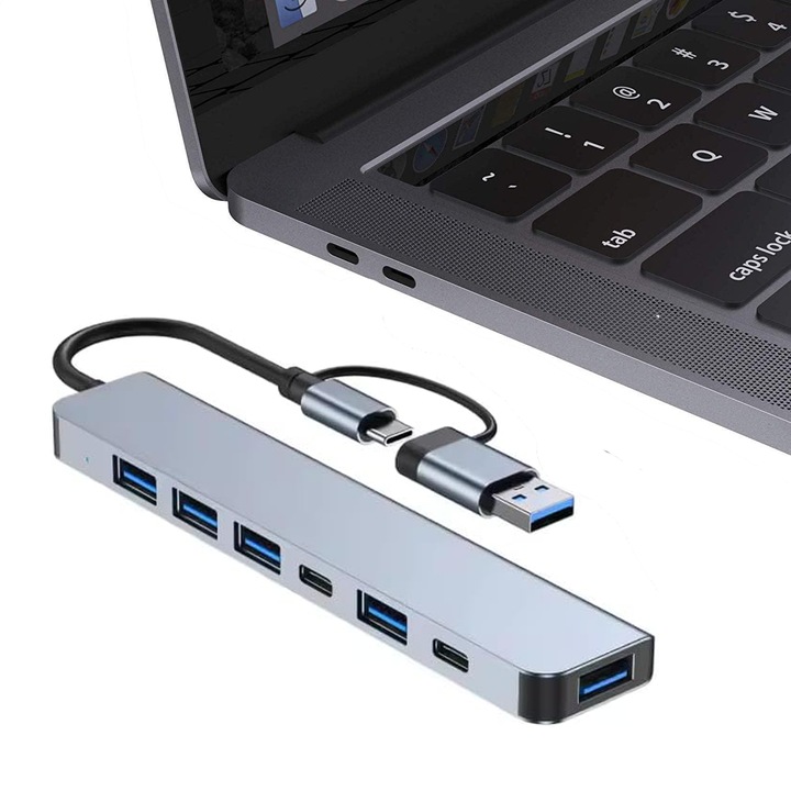 Adaptor Hub USB-C 3.0 Multiport 7-in-1, 4 X USB 2.0, 1 x USB 3.0, 2 X Type-C, Docking Station Compatibil Cu Laptop intrare usb si intrare type C, Gri, HAPPY JOKER®