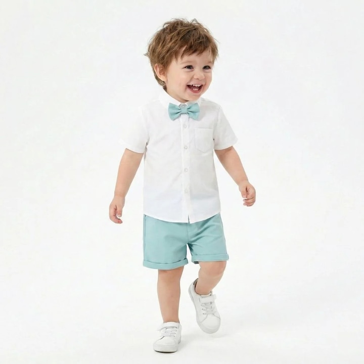 Costum elegant de vara, Kidohug, Camasa si pantaloni scurti, Verde pastel