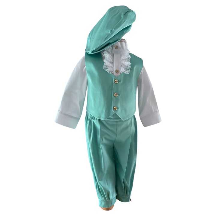 Costum botez baieti, material subtire, set 4 piese: pantalon, camasa, vesta, bereta, 9-12 luni, turcoaz