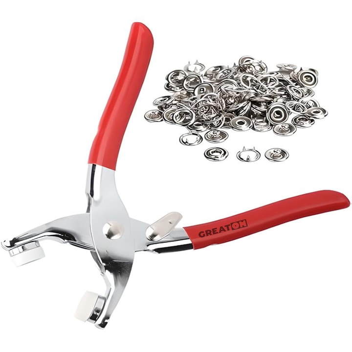 Cleste Profesional De Mercerie GREATON Pentru Montat/Nituit Capse – 50 Capse Incluse, Cutie Depozitare, Corp Metalic, Rosu/Argintiu