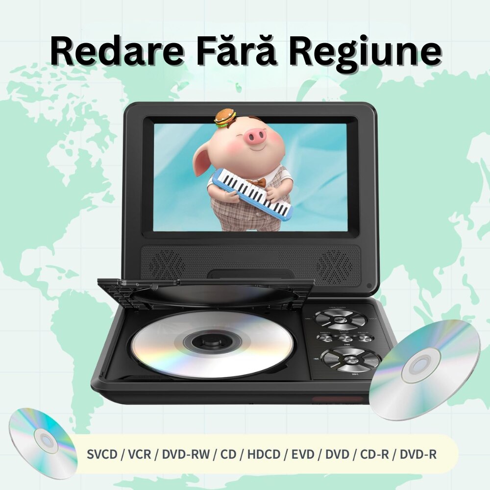 DVD Player Portabil cu Telecomanda, Ecran HD 7.5 inch, Rezolutie