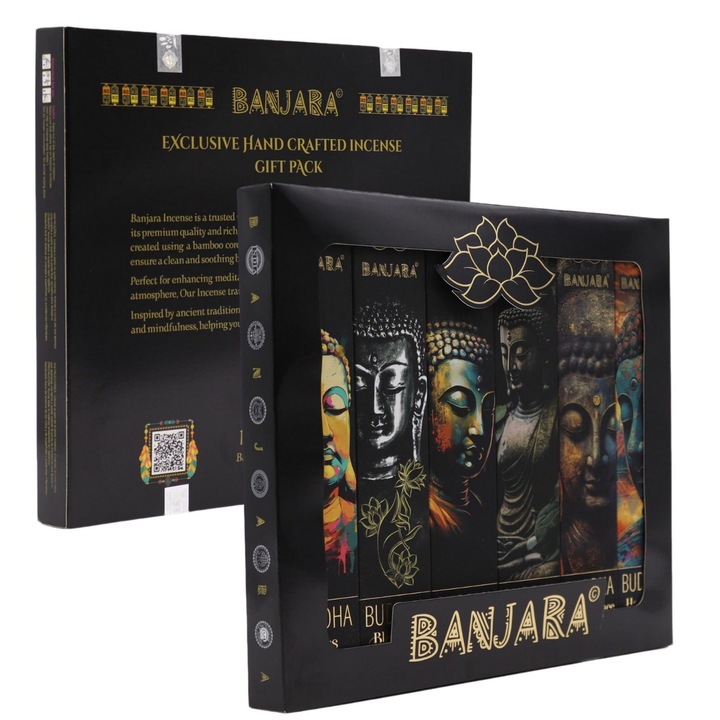 6 darabos Banjara Buddha illatpálcika készlet, természetes aromák relaxációhoz, meditációhoz vagy ajándékba
