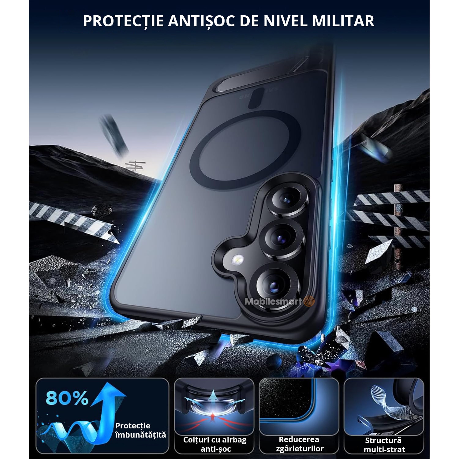 Husa pentru Samsung Galaxy S25 PLUS, MagSafe, Protectie standard Militar, cu Suport Metalic Incorporat, Negru