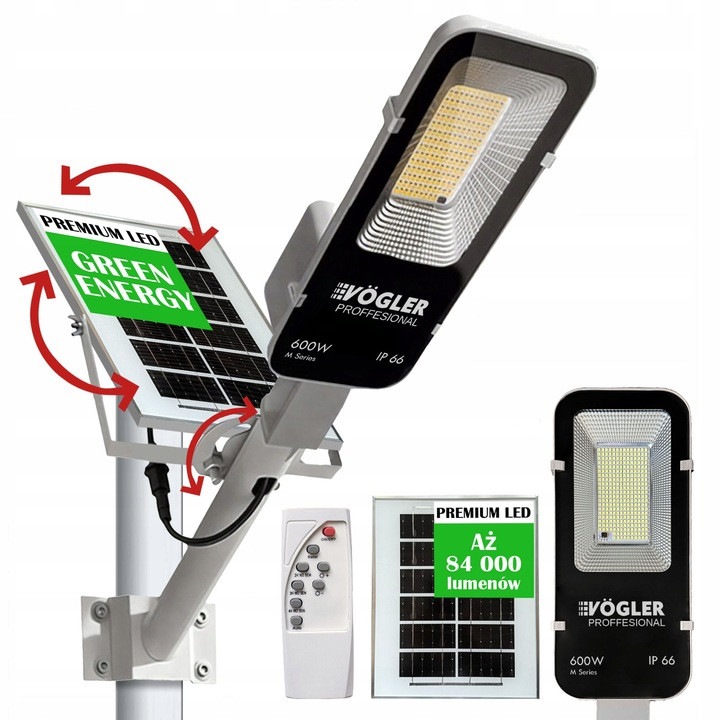 Vogler Professional 600W LED соларна лампа, 120 диода, студено бяла светлина, IP66, със сензор за движение и дистанционно управление