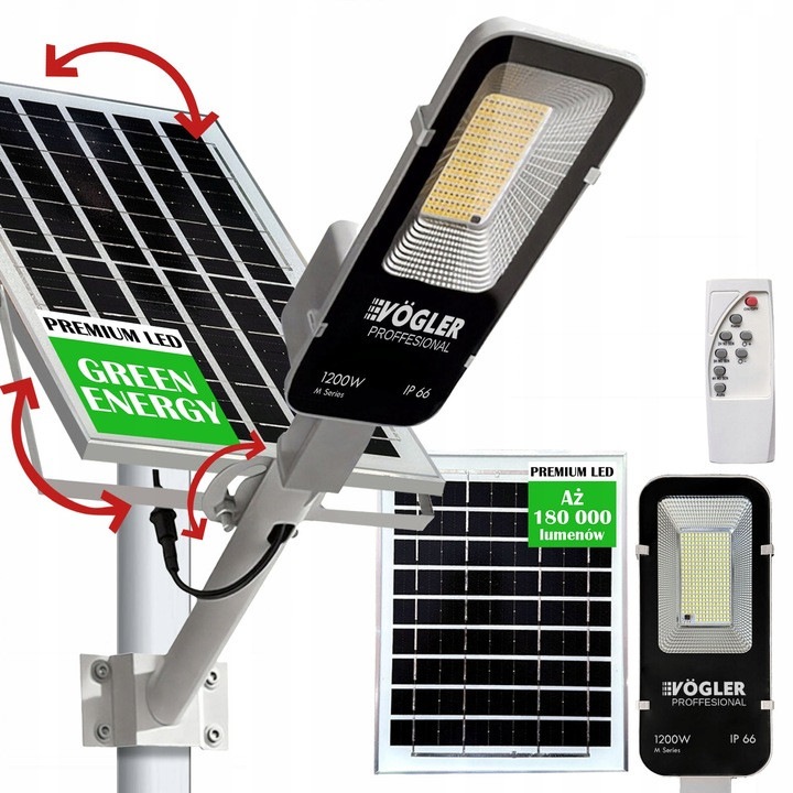 VOGLER LED соларна лампа 1500W, 350 диода, IP66, студено бяла светлина, 38.3x13.4x6см