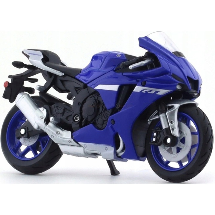 Yamaha YZF-R1 2021 играчка мотоциклет, 1:18, син, с движещи се елементи, комплект със стойка
