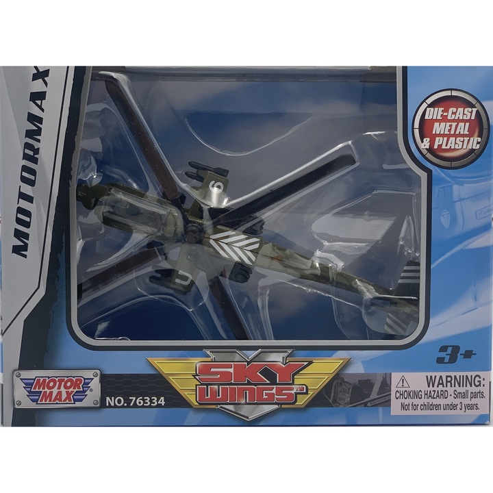 Elicopter metalic Motormax Boeing AH-64 Apache, 4,5", 11,5cm, ambalaj cu fereastră