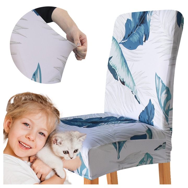 Husa pentru scaun, Meble OdNowa, model cu frunze albastre si verzi, material elastic, impermeabil, dimensiuni standard