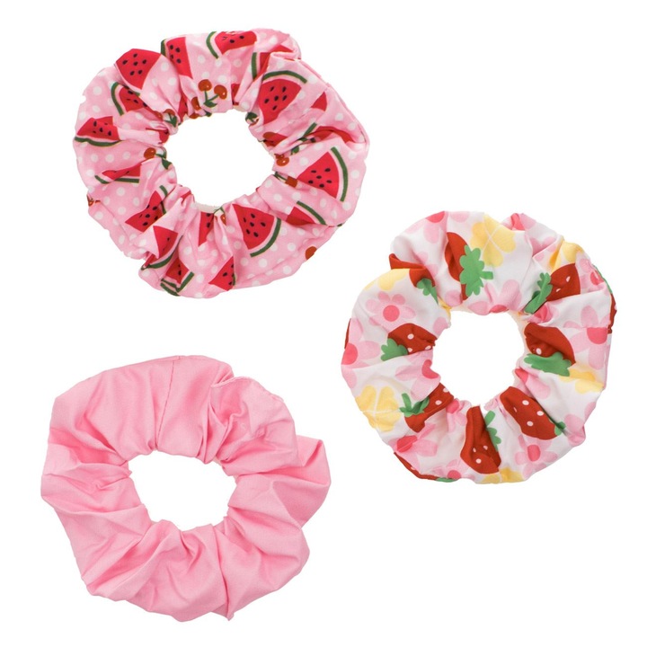 Rózsaszín textil hajgumi szett gyümölcs mintával, 3db