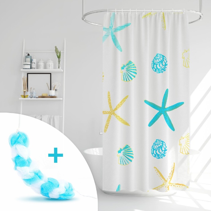 Set Perdea de Dus si Burete de Baie, Dimensiuni 180 x 180 cm, Multicolor